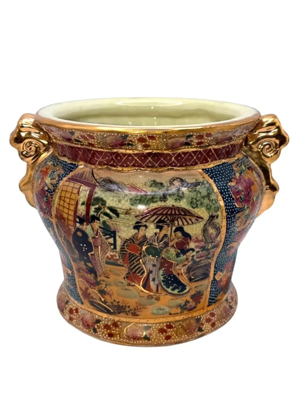 Vintage Royal Satsuma Moriage Cachepot Planter Jardiniere Lion Handles